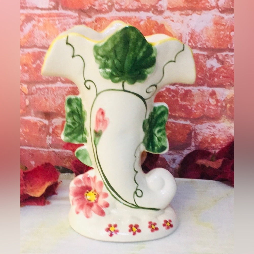 Vintage MCM White Ceramic Floral Fan Vase
